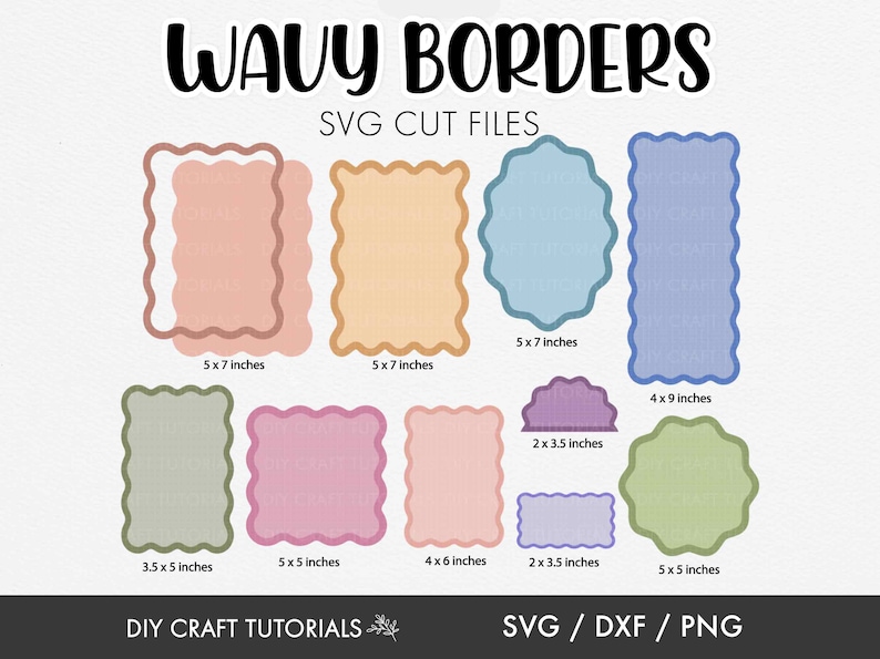 May include: A set of nine wavy border SVG cut files in various sizes and colors. The borders are in shades of pink, blue, green, and purple. The sizes are listed in inches.