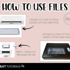 May include: A diagram showing how to use digital cutting machine files. The diagram shows a white and a gray digital cutting machine, a laser cutting machine, and a printer. The text on the diagram says "Upload cut files to your digital cutting machine", "Upload cut files to your laser cutting machine", and "Print + Hand Cut Printable PDF File".