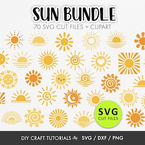 Può includere: Una collezione di disegni di sole gialli e arancioni in vari stili. L'immagine include il testo "SUN BUNDLE" e "70 SVG CUT FILES + CLIPART". È presente anche un cerchio verde con il testo "SVG CUT FILES". La parte inferiore dell'immagine recita "DIY CRAFT TUTORIALS SVG / DXF / PNG".