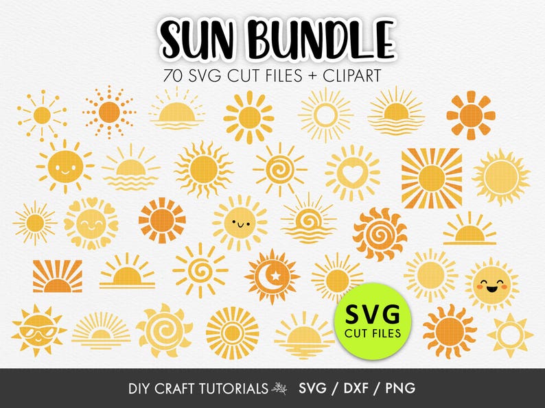 Sun SVG bundle with 70 sun designs in boho retro and cute styles for Cricut and Silhouette cutting machines