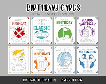 Birthday Card SVG Bundle for Men: 8 Insert Card Designs and A2 Envelope