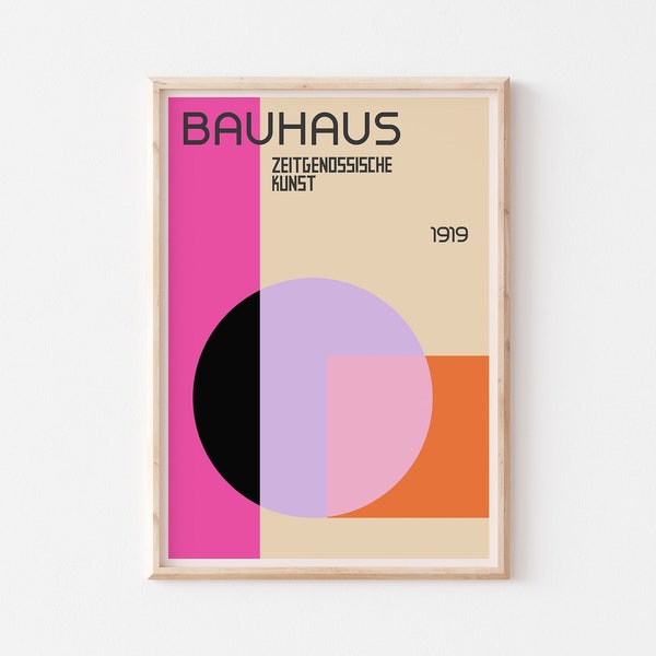 Bauhaus 1919 Wandkunstdruck, moderne Wohnkultur, leuchtend orange fliederfarbenes Poster, Retro Poster, Galeriewandergänzung, Ausstellungs-Vintage-Poster