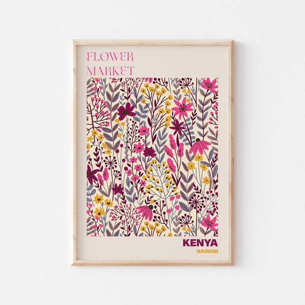 Nairobi Poster, Personalised Travel Poster, Nairobi Flower Market Print, Floral Wall Decor, Kenya Travel Poster