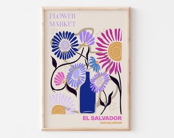 El Salvador Poster, El Salvador Wall Art, El Salvador Personalised Travel Poster, El Salvador Flower Market Print, Floral Wall