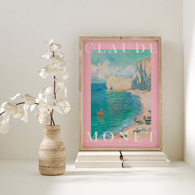 Claude Monet Art Print, Modern Vintage Poster, Exhibition Wall Art, Monet Wall Art, Vintage wall art, The Beach, Pastel Pink zdjęcie 2