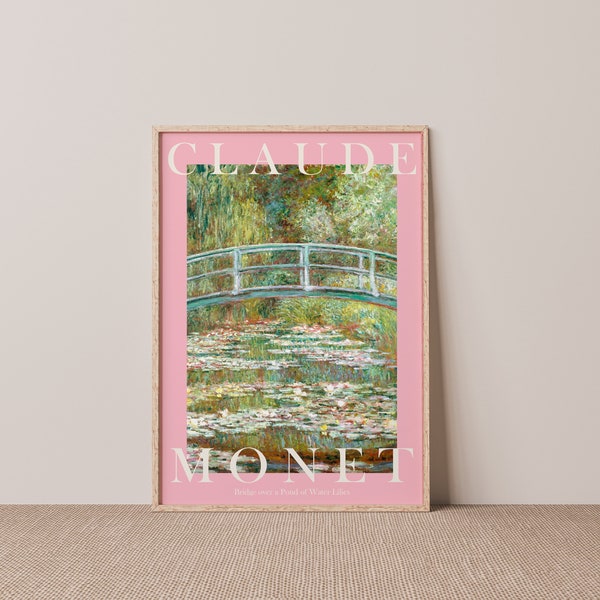 Claude Monet Art Print, Modern Vintage Poster, Exhibition Wall Art, Monet wall art, Bridge over a pond of water lilies Pastel Pink