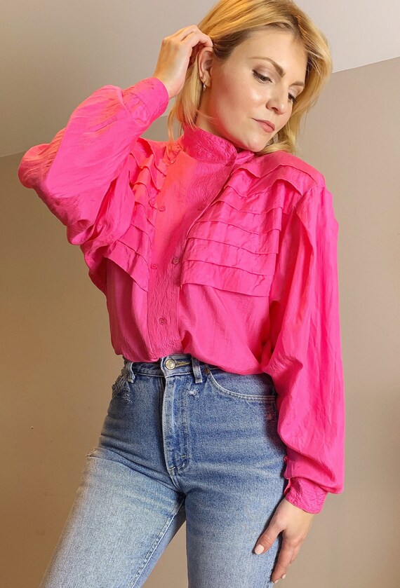 Vintage 80s hot pink silk blouse