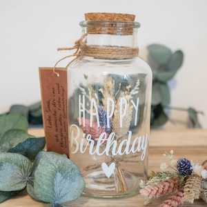 Happy Birthday gift glass / money gift / dried flowers / customizable / bouquet of dried flowers / Christmas gift / individual