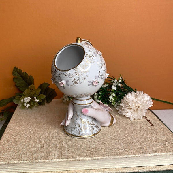 Vintage Napco Ceramic Hand Figurine + Floral Globe Ashtray + Kitschy Ceramic Hand Catch All Dish