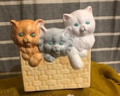 Vintage Napco Kitten Planter Orange, Grey, White Kitten and Paw Print Planter