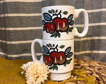 Set of 2 (Two) Vintage White Japan Stacking Mugs with Retro 70's Apples, Mid-Century Set of Apple Mugs