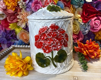 Vintage Import Japan Large Ceramic White & Red Geranium Flower Canister