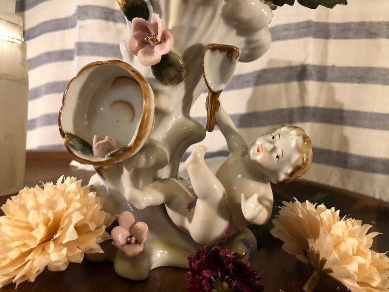 Vintage Cherub Vase with Pink Roses and Gold Accents | Etsy