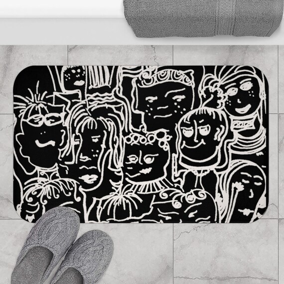 Funky Face Bath Mat: Black and White Line Art, Pop Art Style