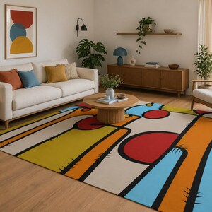 May include: A rectangular area rug featuring a bold, abstract graphic design with thick black outlines. The pattern consists of large, solid geometric shapes in vibrant shades of mustard yellow, bright orange, sky blue, and deep red on a cream background.