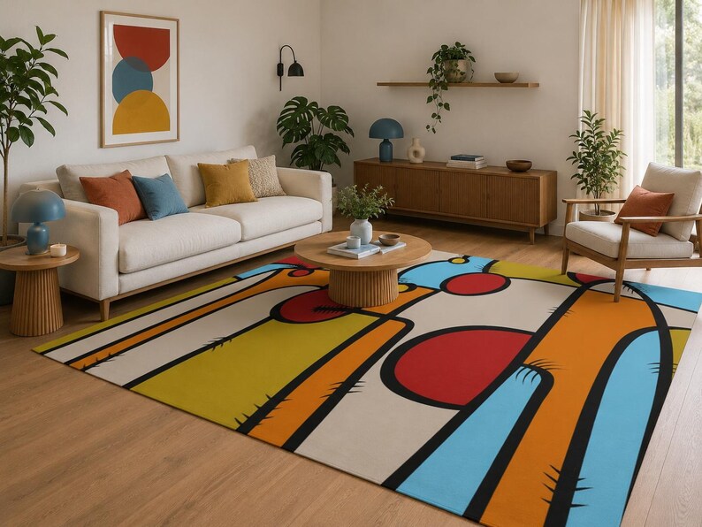 May include: A rectangular area rug featuring a bold, abstract graphic design with thick black outlines. The pattern consists of large, solid geometric shapes in vibrant shades of mustard yellow, bright orange, sky blue, and deep red on a cream background.