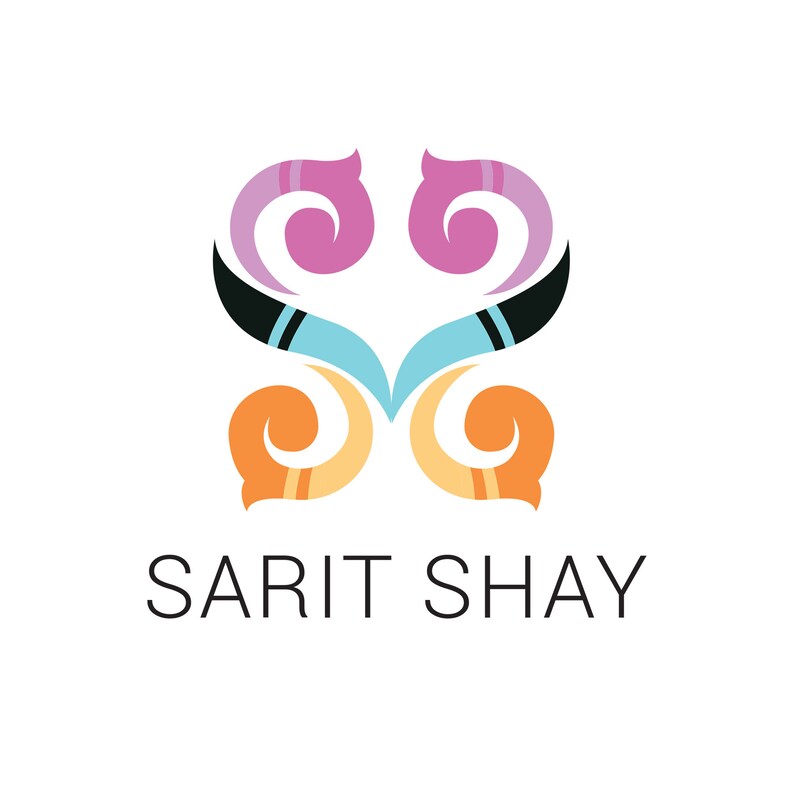 May include: A colorful logo with a stylized design featuring swirls and curves in pink, orange, blue, and black. The text "Sarit Shay" is below the design.