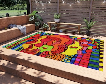 Pop Art Patio Rug | Colorful Boho Outdoor Carpet, Non-Slip Deck Decor