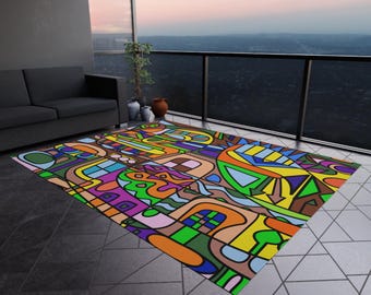 Artistic Deck Porch, Entryway or Patios Rug, Unique Abstract Outdoor Rug, Good Vibes Rug, High Traffic Rug, Indoor Rug, Outdoor Patio Rug