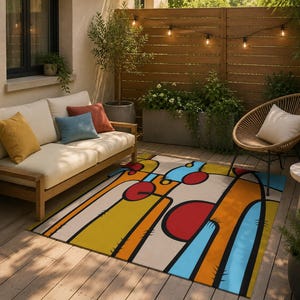 May include: A rectangular area rug featuring a bold abstract design with thick black outlines. The pattern consists of large, vibrant shapes in shades of mustard yellow, bright orange, sky blue, and deep red set against a cream-colored background.