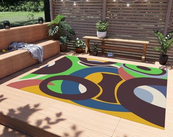Colorful Abstract Outdoor Rug: Non-Skid Polyester Patio Deck Rug