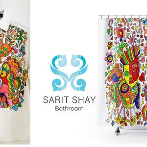 May include: A white button-down shirt with a colorful, abstract design featuring geometric shapes, flowers, and faces. The design is reminiscent of a shower curtain with a similar pattern. The text "Sarit Shay Bathroom" is visible below the design.