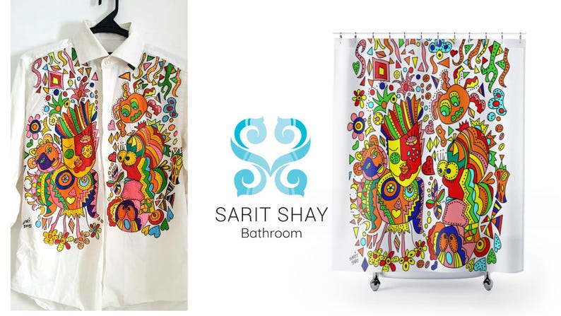 May include: A white button-down shirt with a colorful, abstract design featuring geometric shapes, flowers, and faces. The design is reminiscent of a shower curtain with a similar pattern. The text "Sarit Shay Bathroom" is visible below the design.