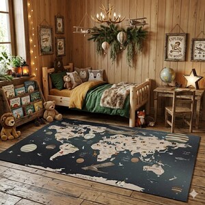 May include: A cosy child's bedroom featuring a wooden bed, desk, and bookshelf. A large rug with a world map design is on the floor. The room is decorated with framed art, soft toys, and a star-shaped lamp. The colour scheme is warm and inviting.