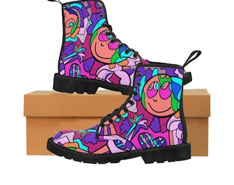 Funky Boots with Face, Bright colors Boots, Unique Funky boots, Women's Canvas Boots, Pop Art Boots, Harajuku Style Boots for her