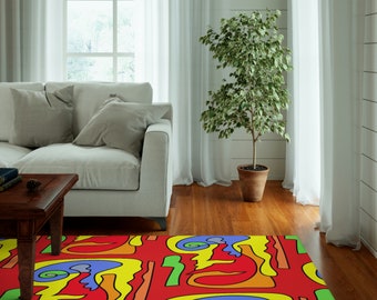 Retro Rug Design In Red and Orange, Yellow Funky Rug, Funky Home Rugs, Dornier Rug, Hip Hop Rugs