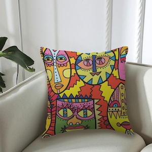 Faces African Art Couch Pillowcase, Graffiti Art Pillow Slipcover, Abstract Face Painting Pillowcase, Street Art 18"x18" Cushion Case, bold