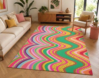 May include: A rectangular area rug featuring a vibrant, multi-colored pattern of wavy, undulating lines in shades of green, yellow, pink, orange, and purple, with some sections containing small black dots arranged in a repeating linear design.