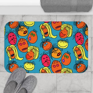 Colorful Cartoon Faces Bath Mat | Whimsical Home Decor | Fun Bathroom Accessory | Vibrant Gift for Kids and Teenagers, Playful Bath Mat