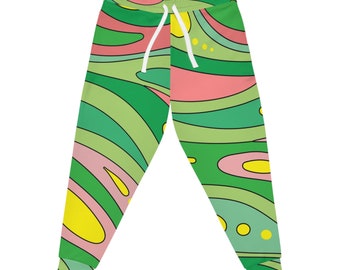 Light Green and Yellow Jogger Pants, Athletic Joggers, Psychedelic Joggers, Unisex Fleece Sweatpants Jogger, Pockets and Drawstring