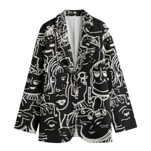 Modern Blazer, Cotton Suit Jacket, Sports Coat, Couture Bohemian  Cocktail Art Blazer,  Black & White Women&#39;s Leisure Blazer, Cotton Blazer