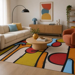 May include: A rectangular area rug featuring a bold graphic pattern with thick black outlines, large red circles, and blocks of mustard yellow, orange, and light blue on a cream background, with small black hatch marks along the edges of the shapes.