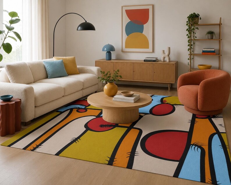 May include: A rectangular area rug featuring a bold graphic pattern with thick black outlines, large red circles, and blocks of mustard yellow, orange, and light blue on a cream background, with small black hatch marks along the edges of the shapes.