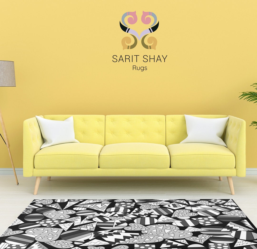 Black and White Rug, Hearts and Dots Gray Rug, Home Decor Rug, Modern