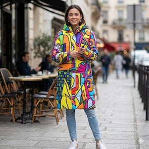 May include: A long, hooded coat with a vibrant, abstract design in a patchwork of colors including yellow, orange, blue, and purple. The coat is worn with light blue jeans and white sneakers. The coat's design features geometric shapes and lines.