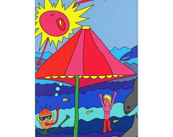 Funky Beach Home Area Rug: Colorful Diving Art Floor Decor