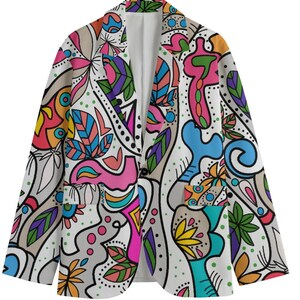 Colorful Colorful All-Over Print  Casual Flat Lapel Collar Blazer, Floral Art Blazer, Unisex 100% Cotton Sports Coat, Urban Art Bold Design
