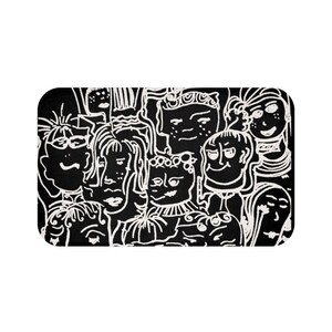 May include: Black and white illustration of a group of people with different facial expressions and hairstyles. The illustration is drawn in a simple, cartoon style.