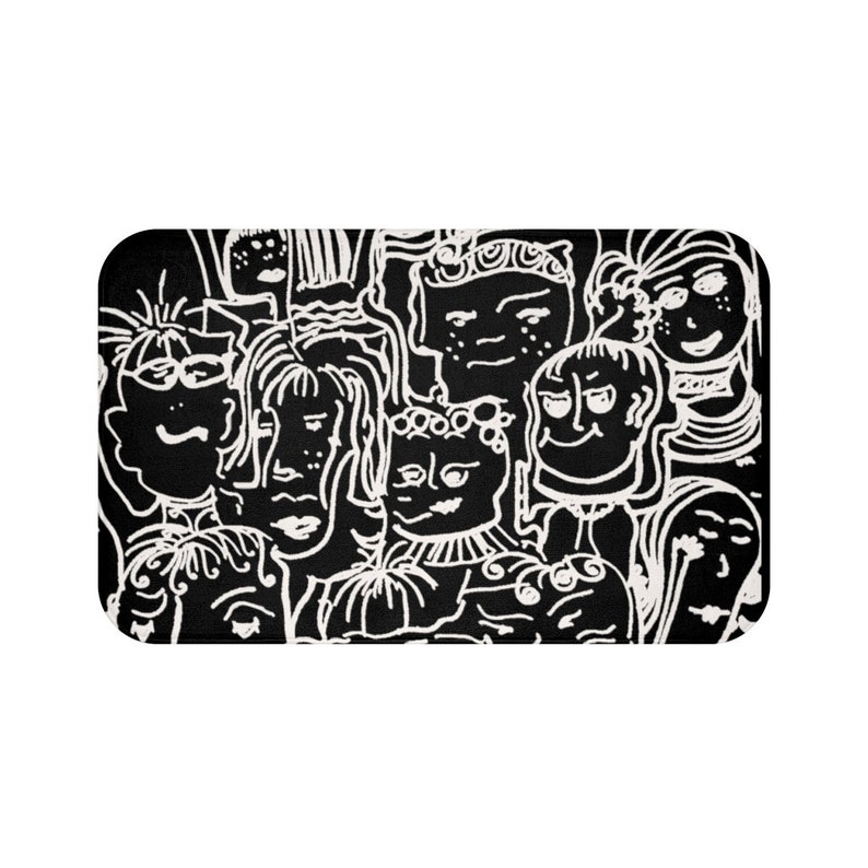 May include: Black and white illustration of a group of people with different facial expressions and hairstyles. The illustration is drawn in a simple, cartoon style.