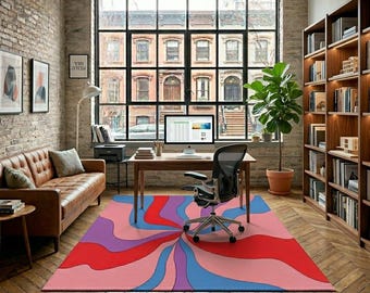 Psychedelic Swirl Area Rug, Groovy Pink Blue Red Decor, Funky Hippie Carpet