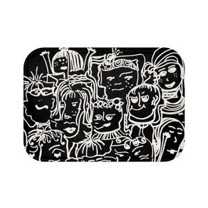 May include: Black and white illustration of a group of people with different facial expressions and hairstyles. The illustration is drawn in a doodle style and has a whimsical feel.