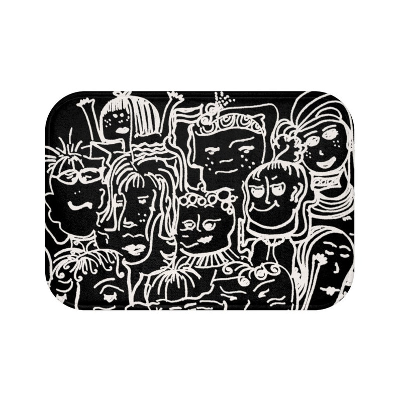 May include: Black and white illustration of a group of people with different facial expressions and hairstyles. The illustration is drawn in a doodle style and has a whimsical feel.