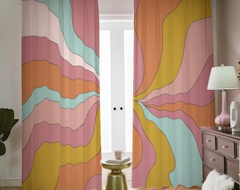 Boho Blackout Curtain Set: Groovy Pastel Wave Design