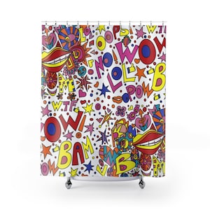 Retro shower curtain| cool shower curtain| funky shower curtain|  guest bathroom| hippie 70s decor Shower Curtains, Words Pop Art Bath Decor