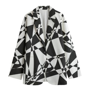 Black and White Jacket, Geometric Long Sleevs Blazer For Her, Black & White All-Over Print Women&#39;s Leisure Blazer, Women Girls Blazer