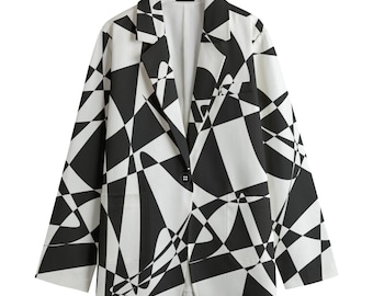 May include: A black and white geometric patterned blazer with a single button closure.